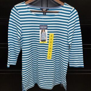 Lands' End 3/4 Sleeve Boatneck Breton Stripe Shirt Women's S NWT Blue White Pima